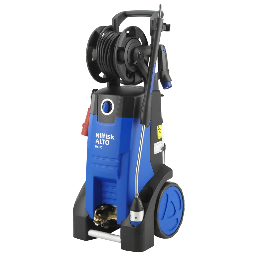 Nilfisk MC3C 150/570 XT industrial cold-water pressure washer with hose reel and 150 bar performance