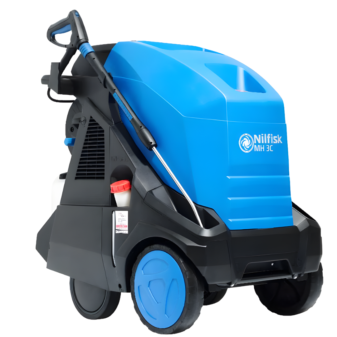 Nilfisk MH3C 90/67 industrial hot pressure washer for professional cleaning with durable blue body and integrated hose reel