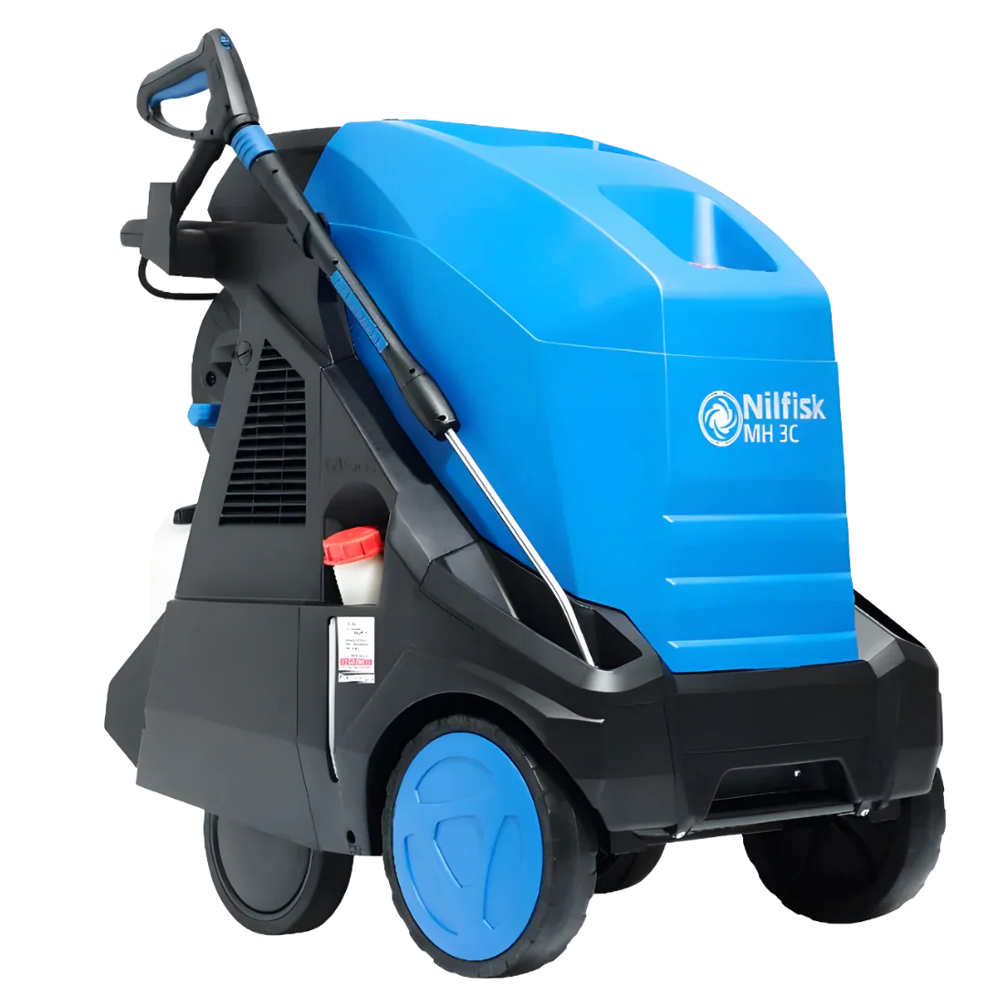 Nilfisk MH3C 90/67 industrial hot pressure washer for professional cleaning with durable blue body and integrated hose reel