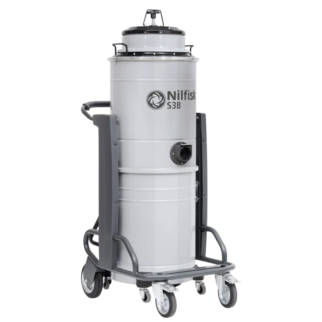 Nilfisk S3B L100 industrial triple-motor wet and dry vacuum cleaner on heavy-duty frame