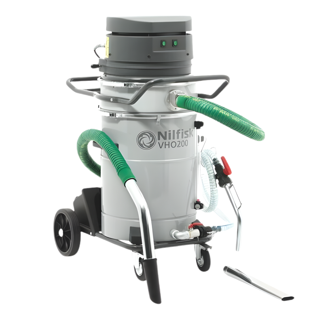 Nilfisk VHO200 liquid swarf and oil vacuum cleaner for industrial coolant recovery