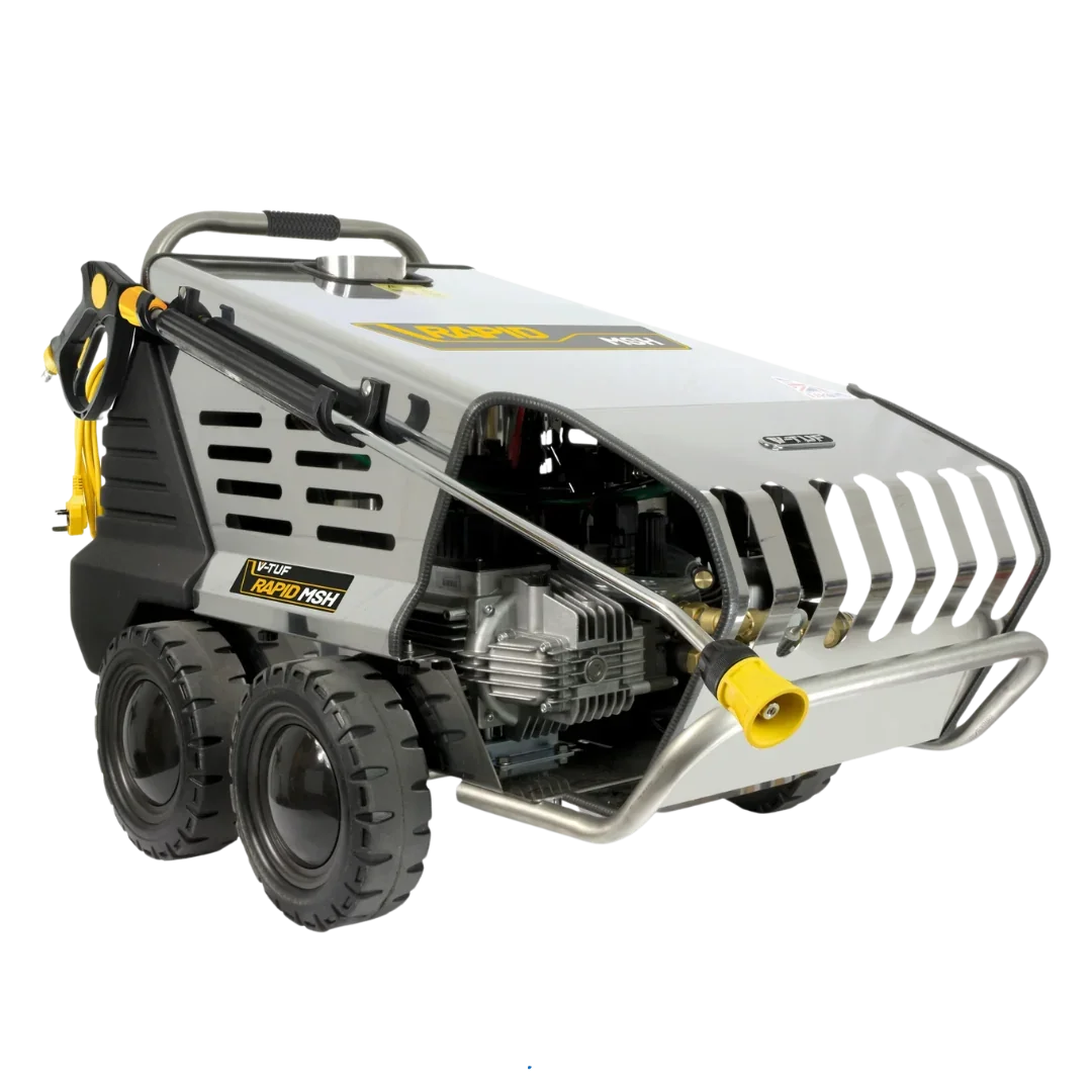 RAPIDMSH industrial electric hot water pressure washer with 9L/min flow rate and stainless steel protective frame