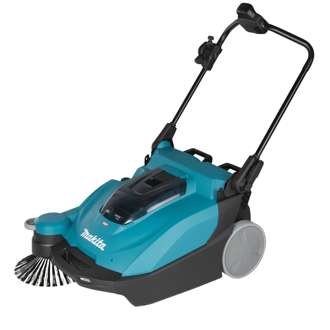 Makita cordless floor sweeper with HEPA filter and side brush for commercial cleaning