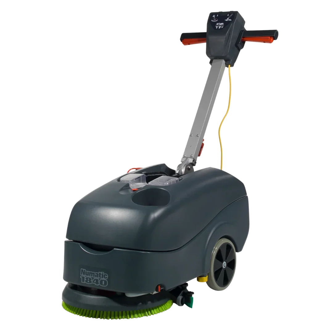 Numatic 1840 floor scrubber with green brush and ergonomic handle for commercial cleaning