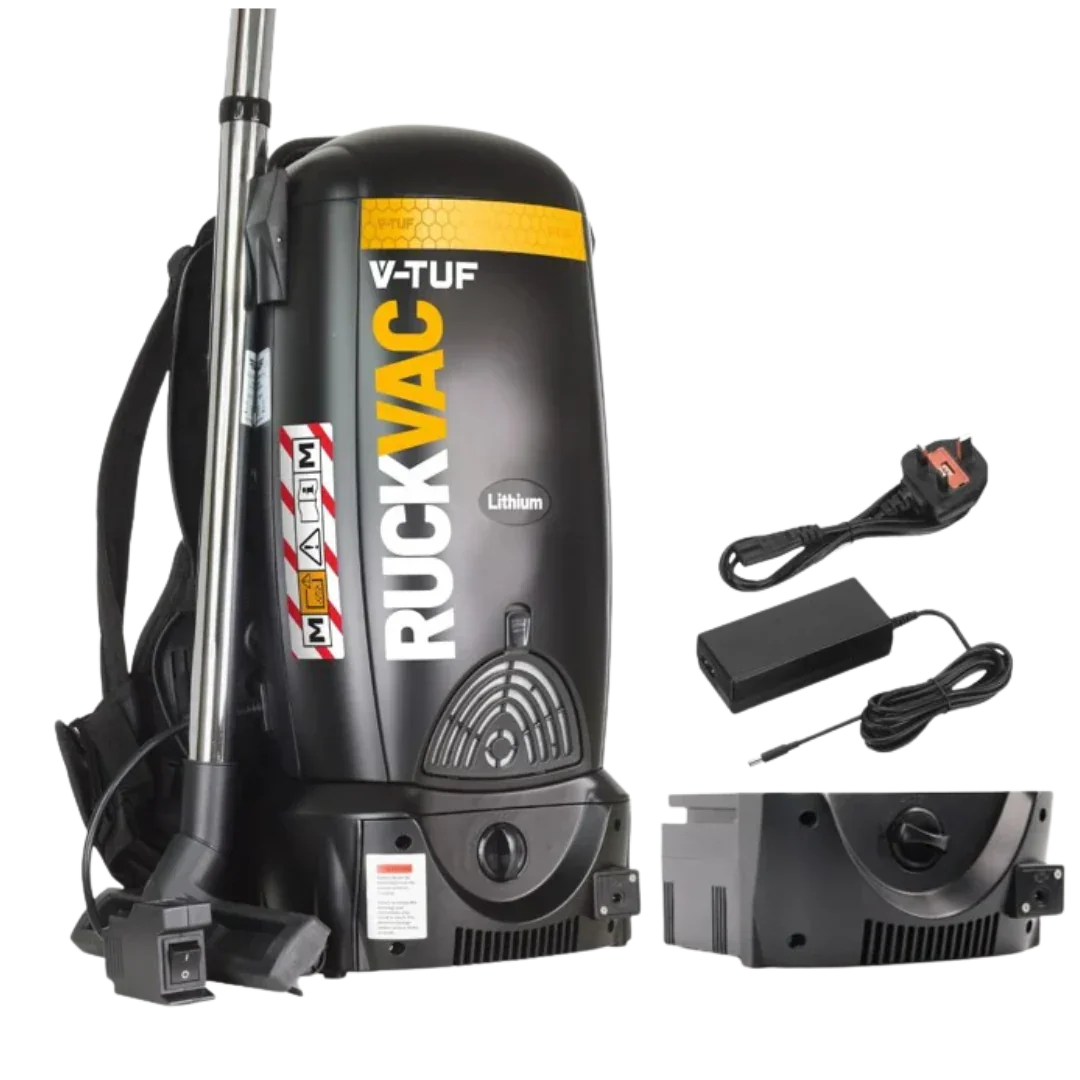 V-TUF cordless M-Class dust extractor with backpack design, stainless steel wand and battery-powered motor