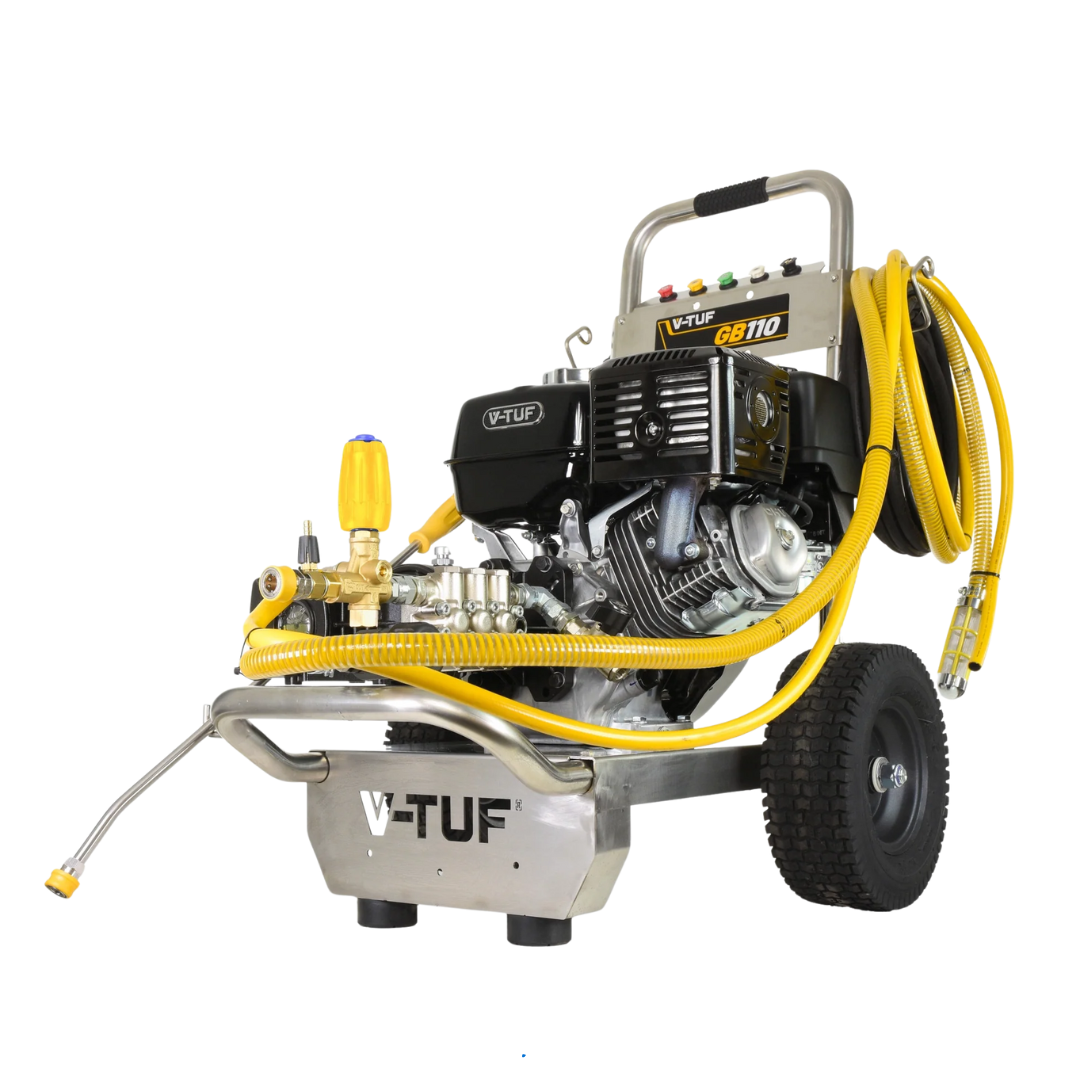 V-TUF GB110 industrial jet wash with 13HP petrol engine delivering 3000 PSI and 21 L/min for commercial cleaning