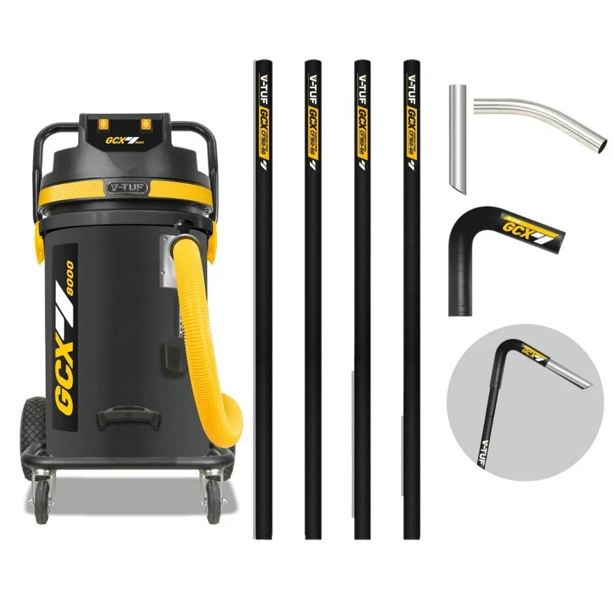 V-TUF GCX8000 Gutter Vacuum Cleaner with 80L tank, 3500W motor, and 40FT carbon fibre poles for industrial gutter cleaning