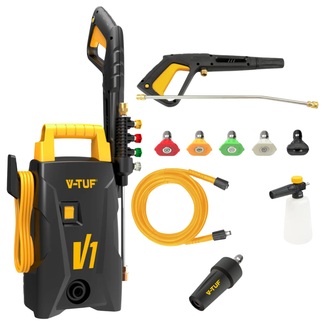 V-TUF V1 Car Jet Wash Machine delivering 1500 PSI / 105 Bar pressure with foam cannon and accessory kit