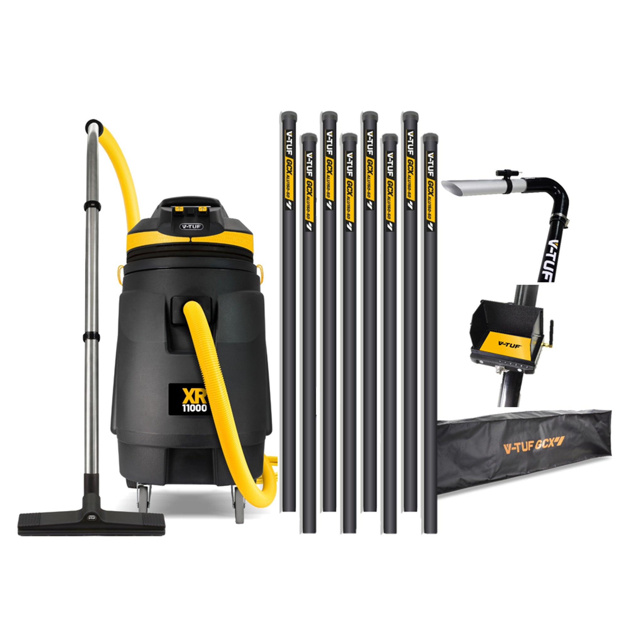 V-TUF XR11000 Gutter Vacuum System – complete kit with 110L vacuum, 40FT aluminium poles, and accessories
