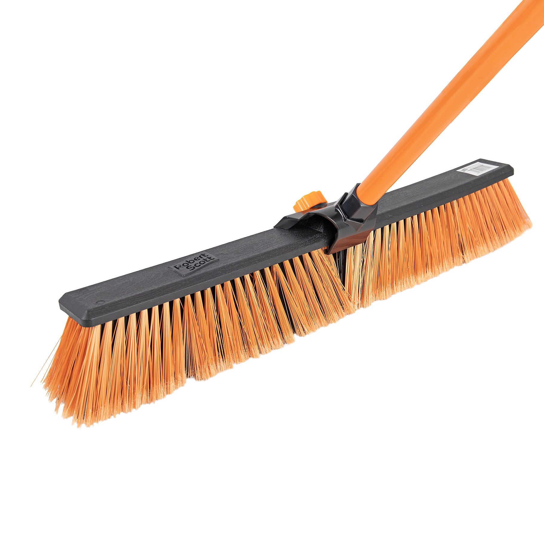 Orange industrial push broom with black head and long handle for commercial cleaning