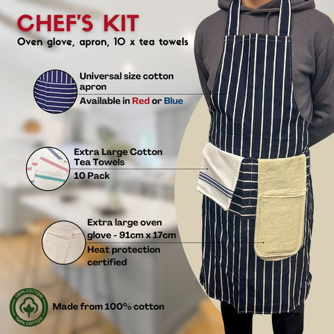 Catering Chef's Set | Cotton Apron + Oven Glove + 10 Pack Tea Towels Red or Blue