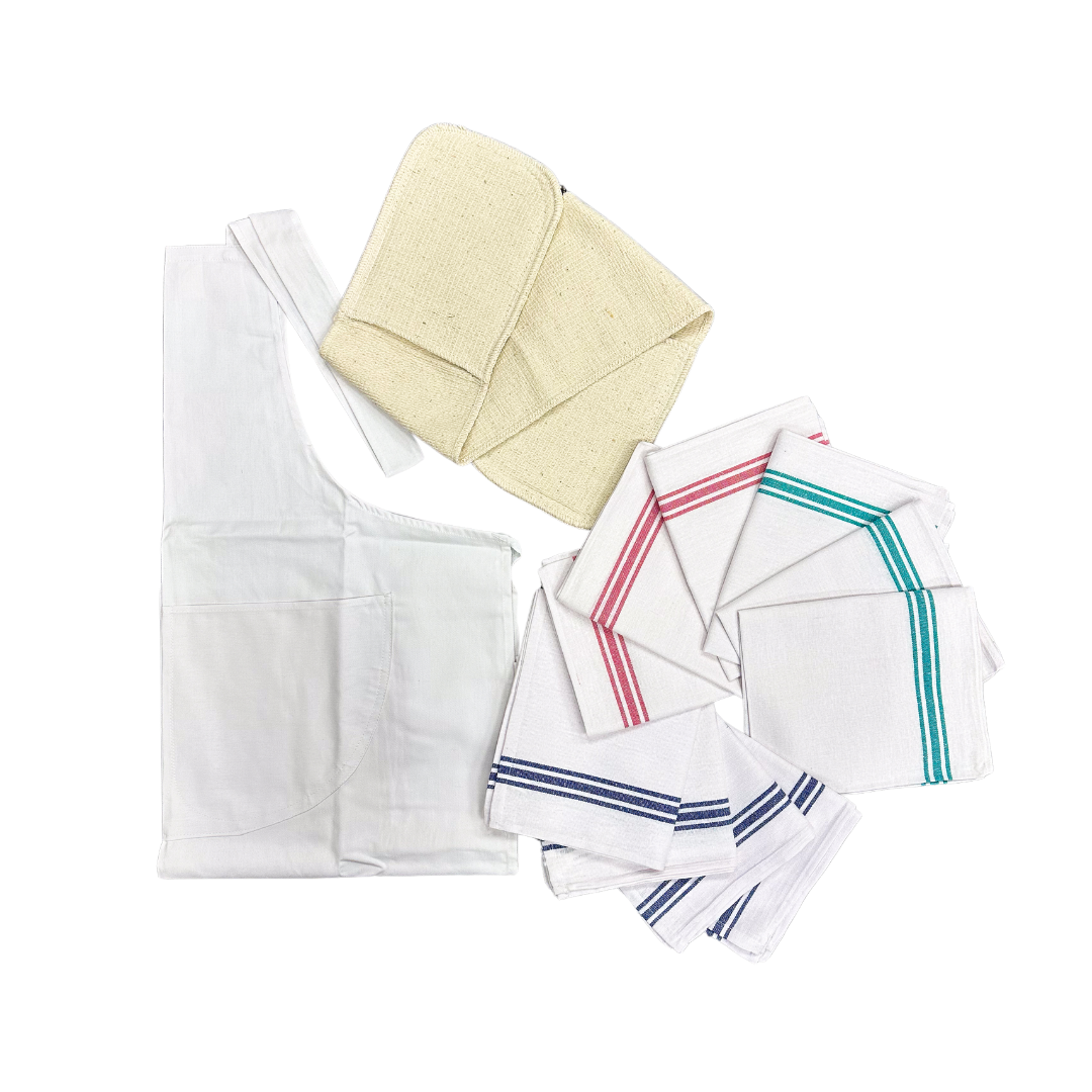 Catering Chef's Set | Cotton Apron + Oven Glove + 10 Pack Tea Towels