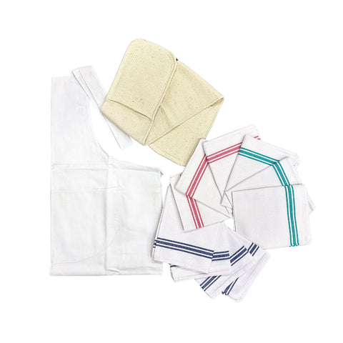 Catering Chef's Set | Cotton Apron + Oven Glove + 10 Pack Tea Towels White Red Blue