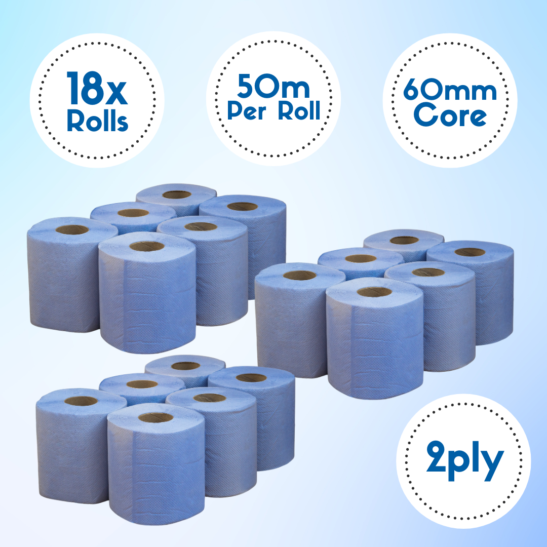 Blue Rolls Paper Centrefeed (18 Pack) 2PLY Embossed 50Mx168mm - CL2B50