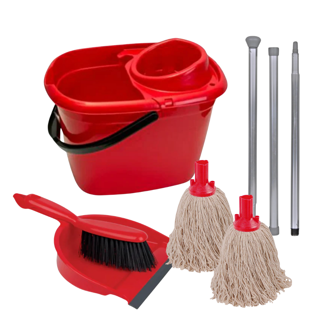 Floor Cleaning Kit - 14L Bucket & Wringer | 3 Piece Handle | Dustpan & Brush | 2 x Cotton Mops