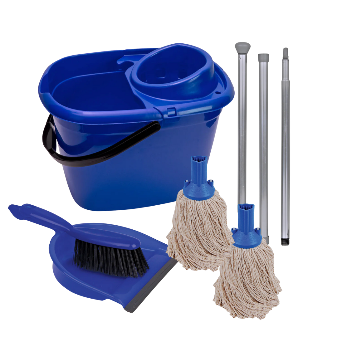 Floor Cleaning Kit - 14L Bucket & Wringer | 3 Piece Handle | Dustpan & Brush | 2 x Cotton Mops