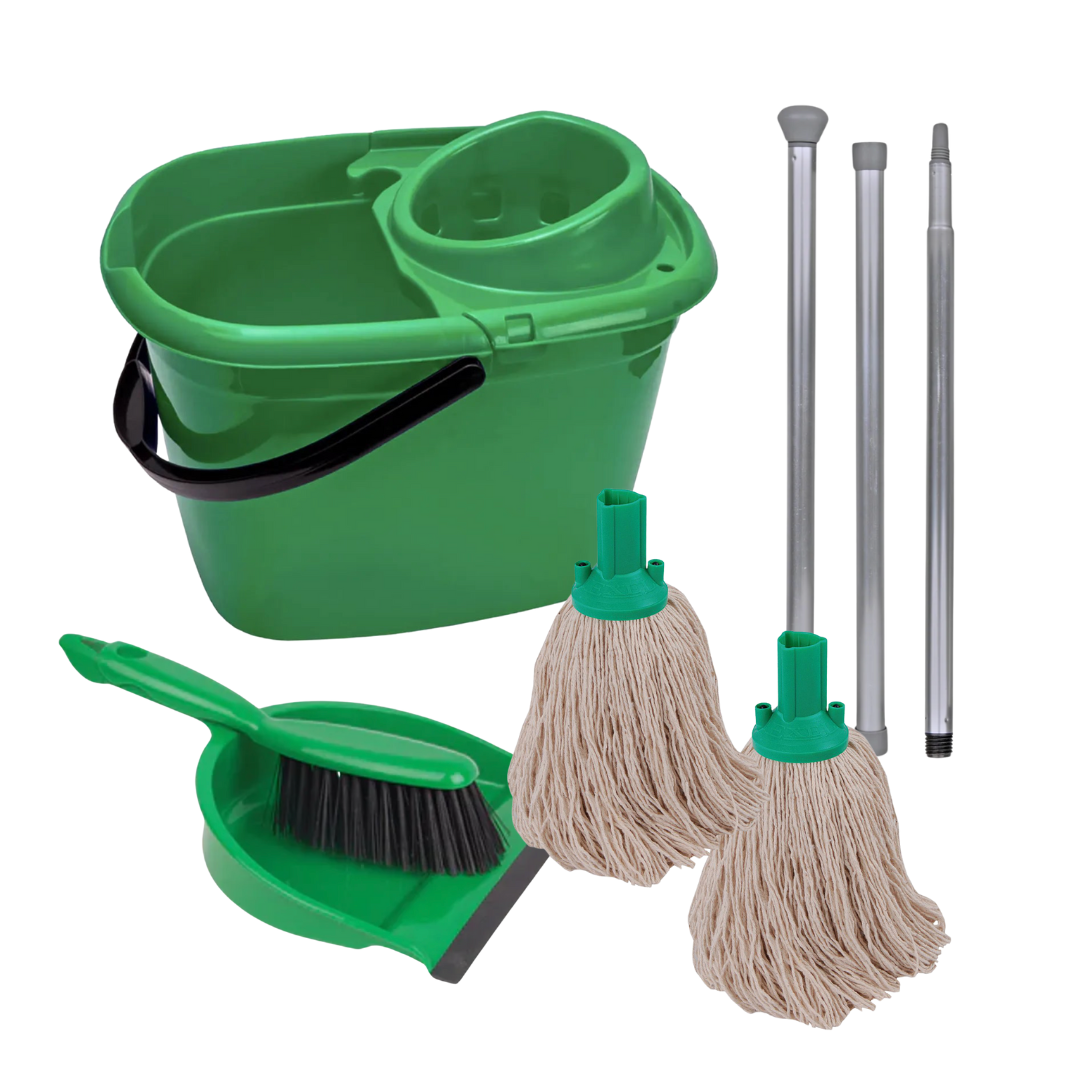 Floor Cleaning Kit - 14L Bucket & Wringer | 3 Piece Handle | Dustpan & Brush | 2 x Cotton Mops