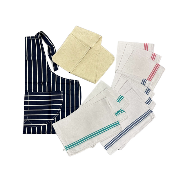 Catering Chef's Set | Cotton Apron + Oven Glove + 10 Pack Tea Towels Red or Blue