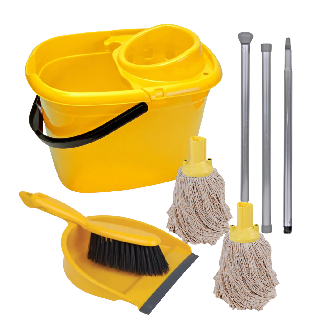 Floor Cleaning Kit - 14L Bucket & Wringer | 3 Piece Handle | Dustpan & Brush | 2 x Cotton Mops