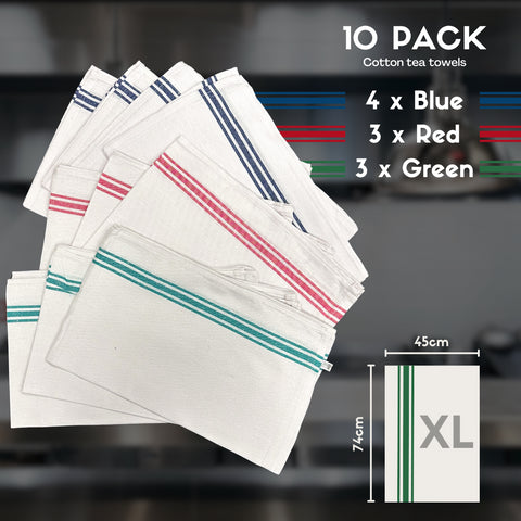 White Cotton Extra Large Tea Towels Colour Coded In Red Green Blue 10 Pack