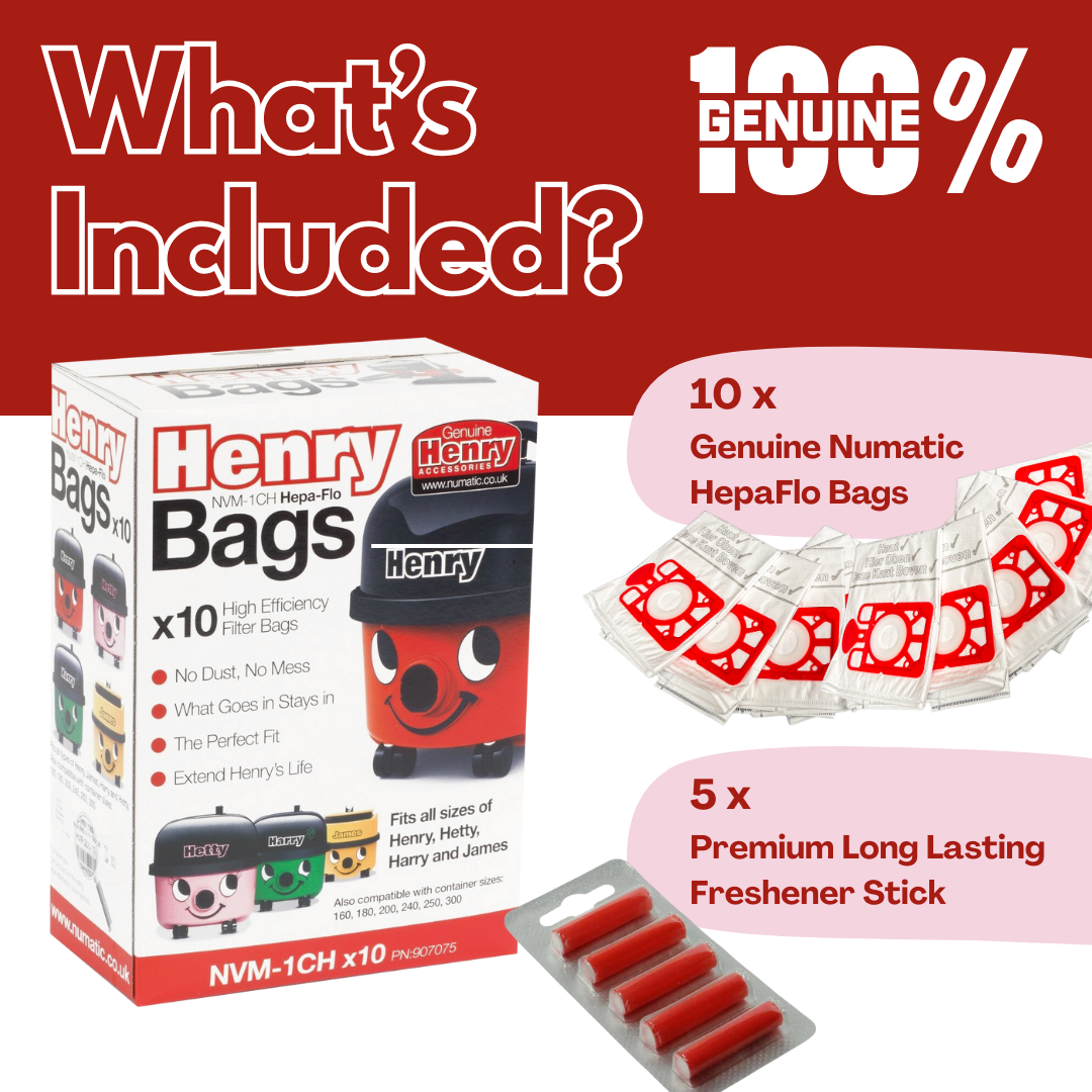 Genuine Henry Dust Bags NVM-1CH Numatic Pack 10 + 5 Freshener Sticks 604015 /907075