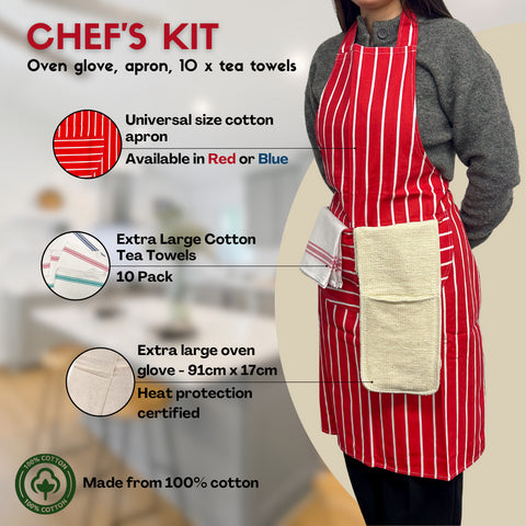 Catering Chef's Set | Cotton Apron + Oven Glove + 10 Pack Tea Towels Red or Blue