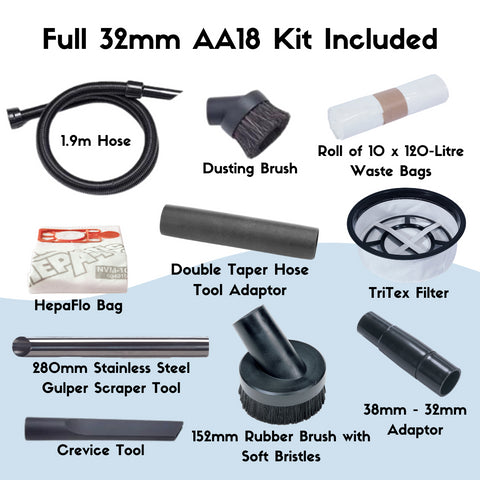 AA18 Kit Including hose, dusting brush, waste bags, hepaflo bag, Hose tool adaptor, filter, scraper tool, crevice tool, rubber brush