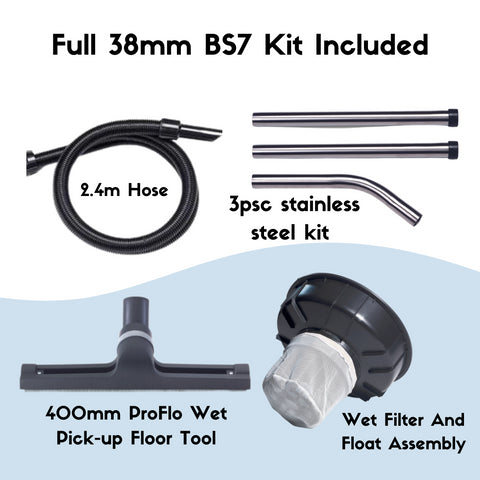BS7 Kit Including Hose, Stainless steel kit, wet pick up floor tool, wet filter