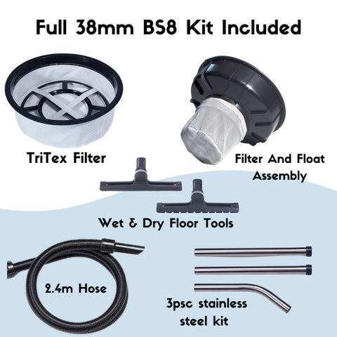 BS8 Kit including dry & wet filters, dry & wet floor tools, hose and stainless steel kit
