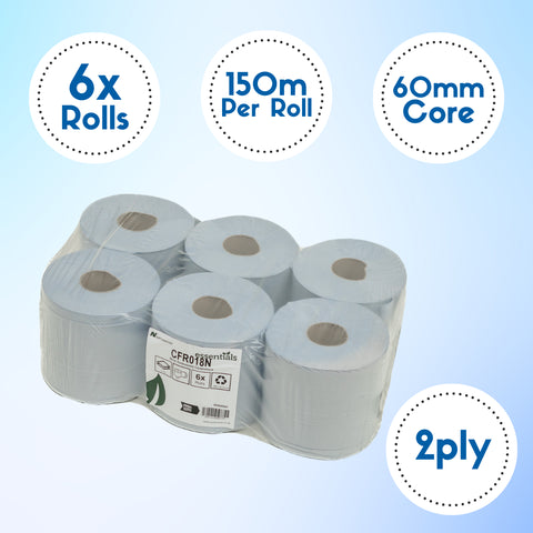 Blue Rolls CentreFeed 2Ply 150m Embossed (6 pack)- CFR018