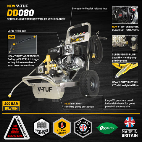 V-TUF DD080-KIT2 9HP Honda Petrol Cold Pressure Washer 200Bar (2900Psi) 15L/Min Patio Bundle
