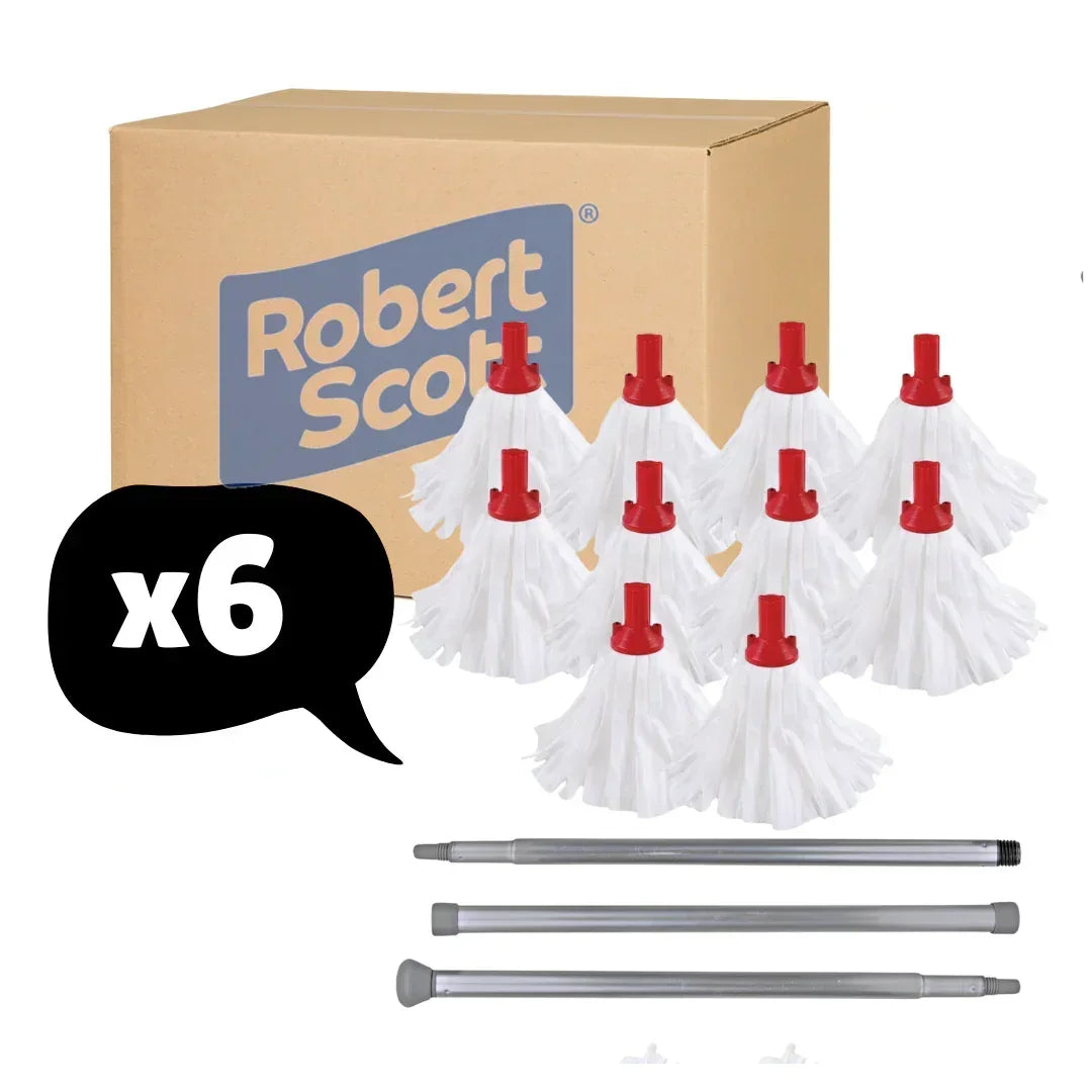 Floor Mop Set Red 60 x Mop Heads + 6 x Handles Large Big White 120g Socket Screw