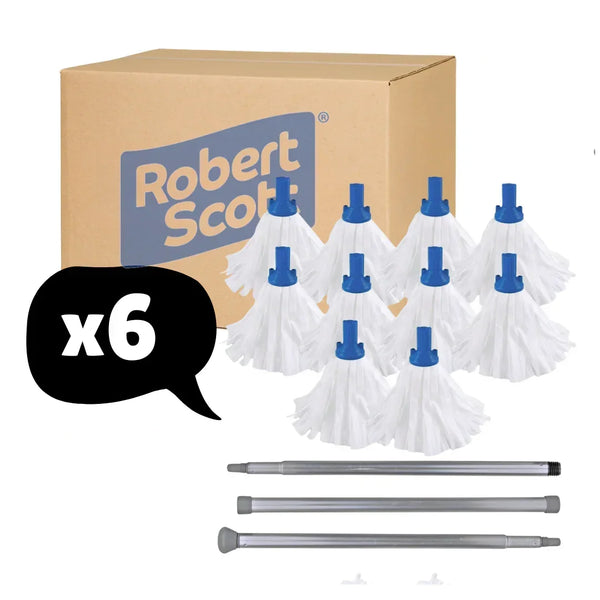 Floor Mop Set Blue 60 x Mop Heads + 6 x Handles Large Big White 120g Socket Screw