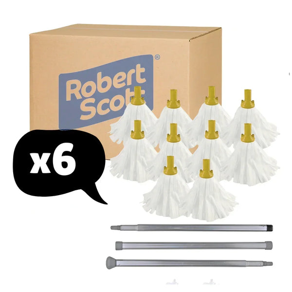 Floor Mop Set Yellow 60 x Mop Heads + 6 x Handles Large Big White 120g Socket Screw