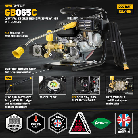 V-TUF GB065C 6.5HP Honda Petrol Cold Pressure Washer 200Bar (2900Psi) 12L/Min Patio Kit
