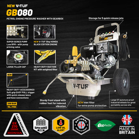 V-TUF GB080-KIT3 9HP Honda Petrol Cold Pressure Washer 200Bar (2900psi) 15L/Min Property Bundle