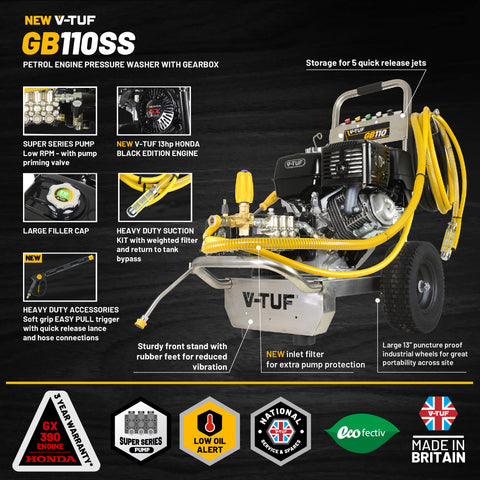 V-TUF GB110-KIT1 13HP Honda GX390QX Petrol Cold Pressure Washer 200Bar (3000psi) 21L/Min Patio Kit