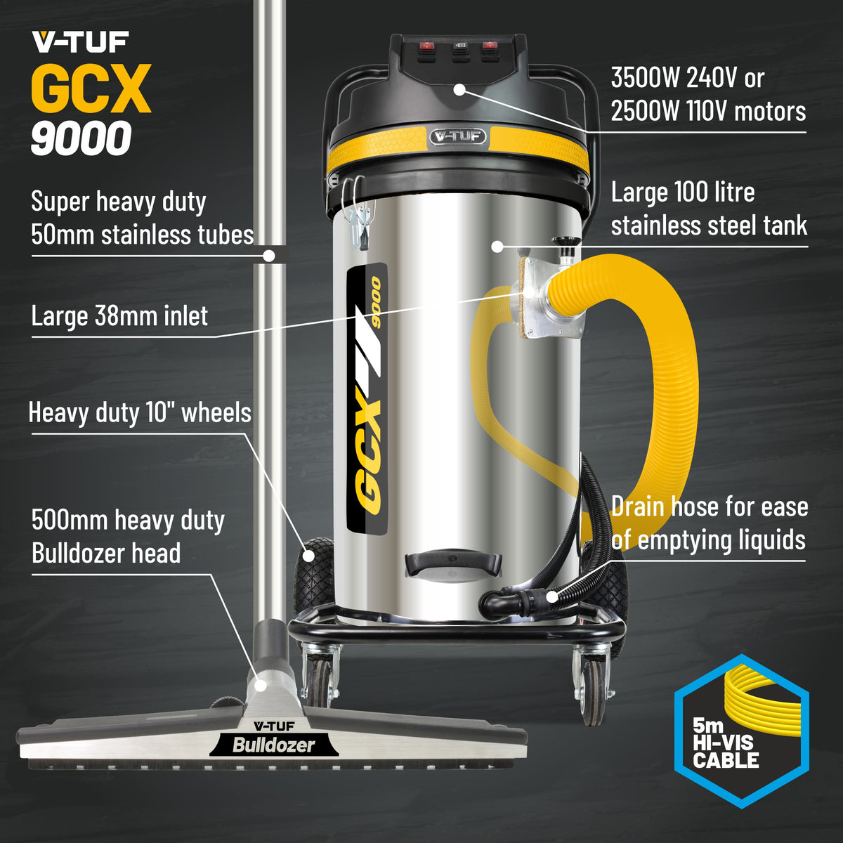V-TUF GCX9000 100L Industrial Triple Motor Wet & Dry Vacuum Cleaner  3500W