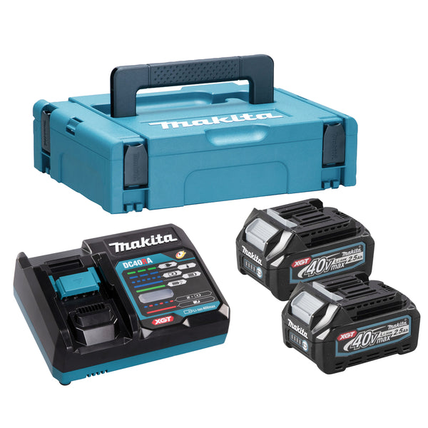 Makita 40V battery charger set with two batteries and blue carrying case