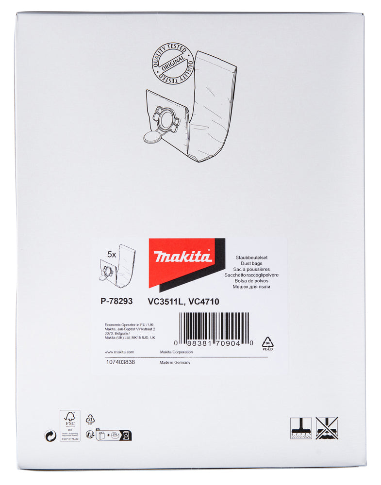 Makita P-78293 Fleece Dust Bags (5 Pack) For VC3011L & VC3511L & VC4710
