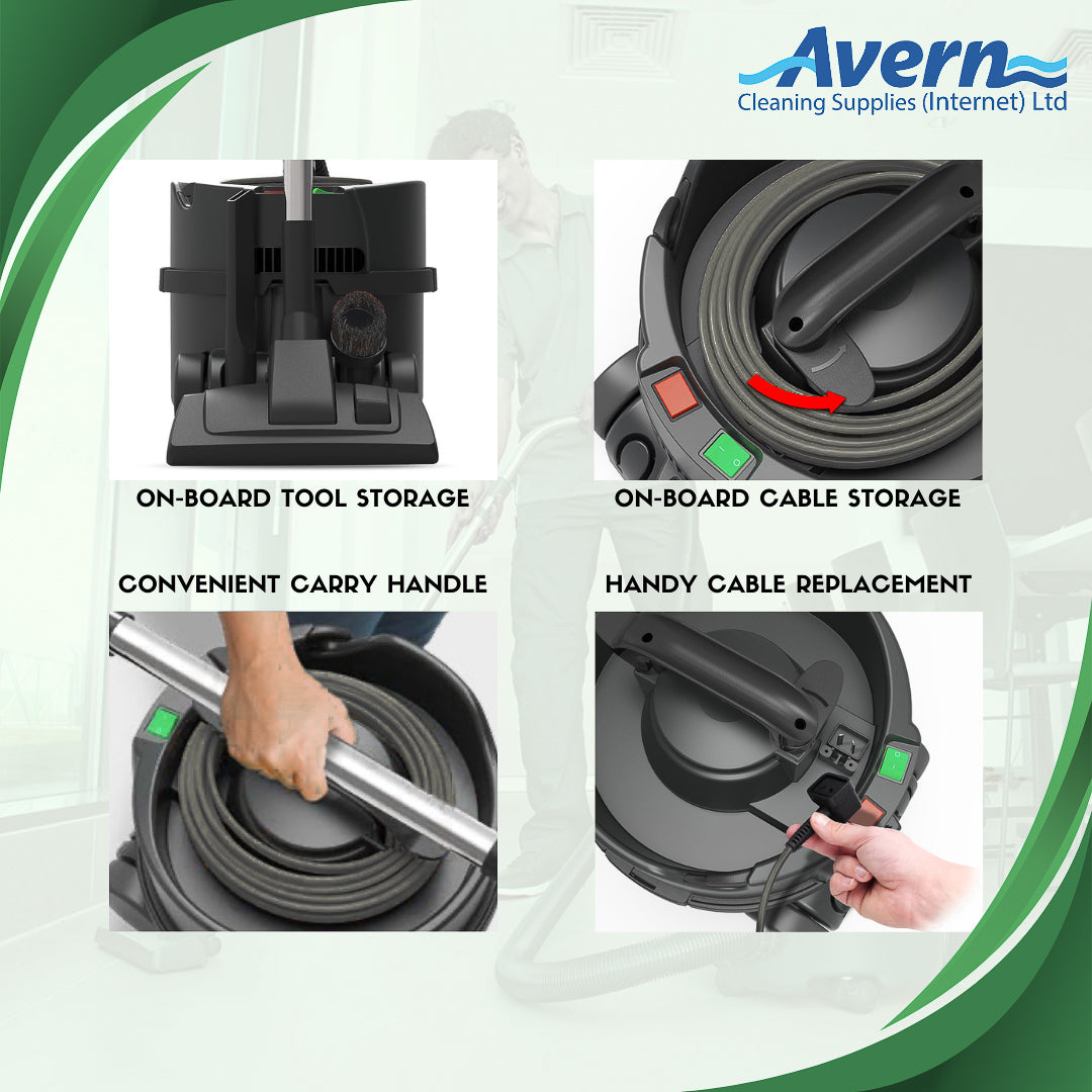 Graphic showing convenient cable rewind feature on Henry Hoover Black 8L