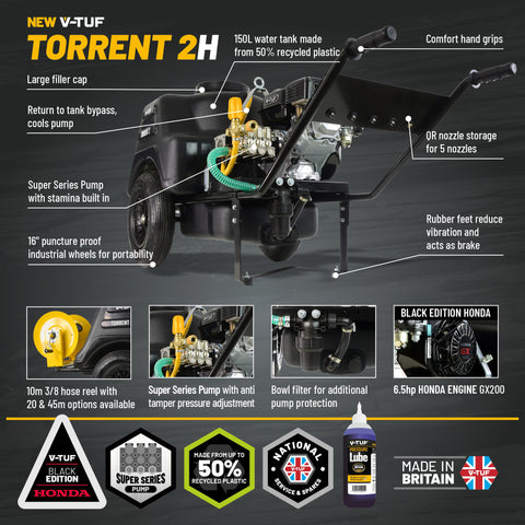 V-TUF TORRENT2HES 6.5HP Honda Mini-Bowser 150L Petrol Pressure Washer 160Bar 13L/Min