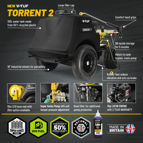 V-TUF TORRENT2 7HP Mini-Bowser 150L Petrol Pressure Washer 190Bar (2755Psi) 13L/Min
