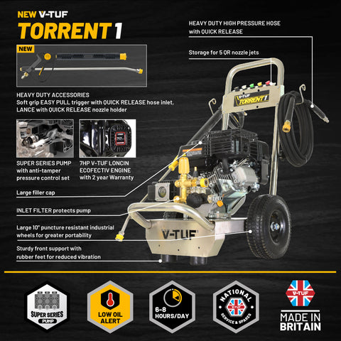 V-TUF TORRENT1-KIT1 7HP Cold Petrol Pressure Washer 190Bar (2755Psi) 13L/Min Patio Bundle