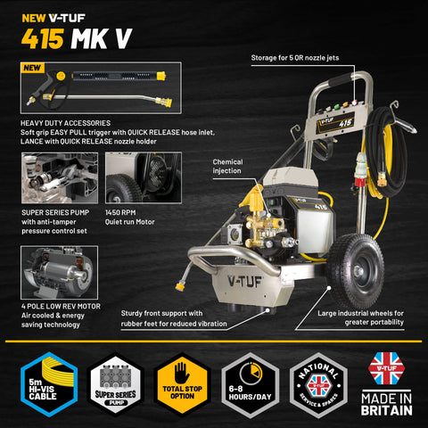 V-TUF VTUF415 Cold Pressure Washer 150Bar (2250psi) 15L/Min 415v Patio Kit