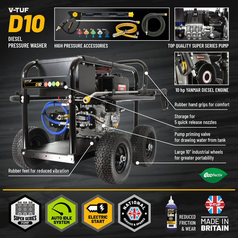 V-TUF D10 Cold Diesel Pressure Washer 170Bar (2465Psi) 21L/Min Patio Kit