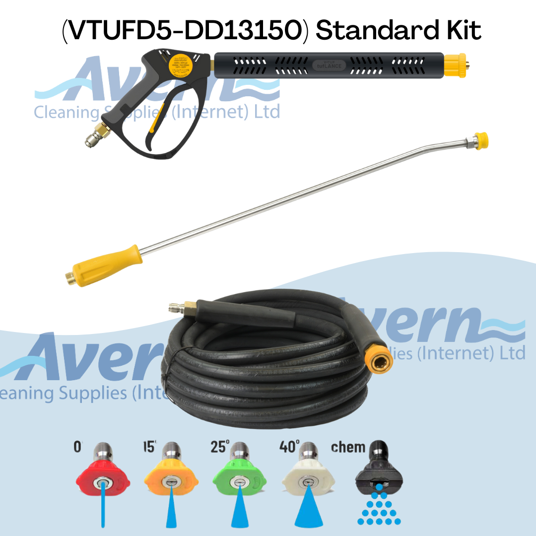 Kit for V-TUF D5 Diesel Cold Pressure Washer includes a hose, 5 nozzles, spray cannon and lance