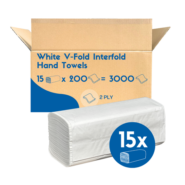 V Fold White Hand Towels Interfold 2ply (3000 Case) - IFW002