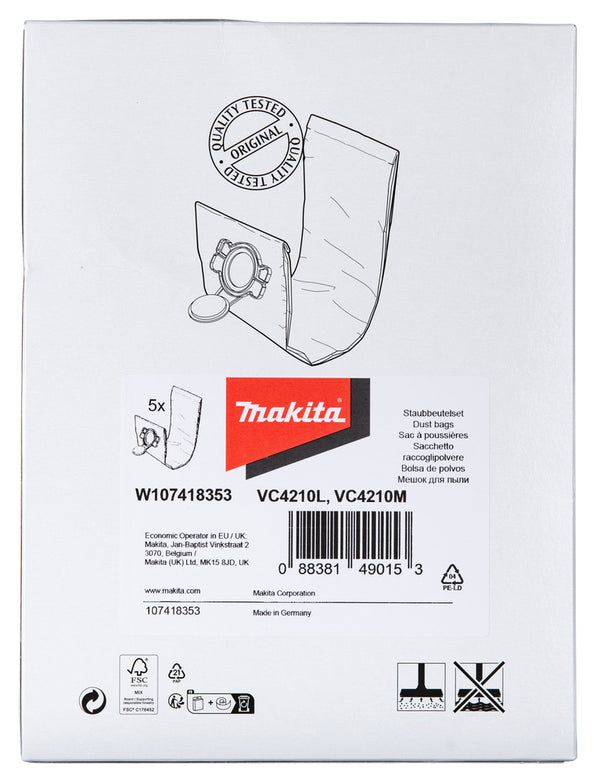 Makita W107418353 Fleece Dust Bags (5 Pack) For VC4210M & VC4210L