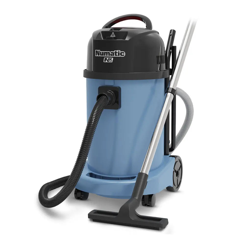Numatic WBV470NX commercial wet & dry vacuum cleaner with hose, wand, and floor tool for janitorial use